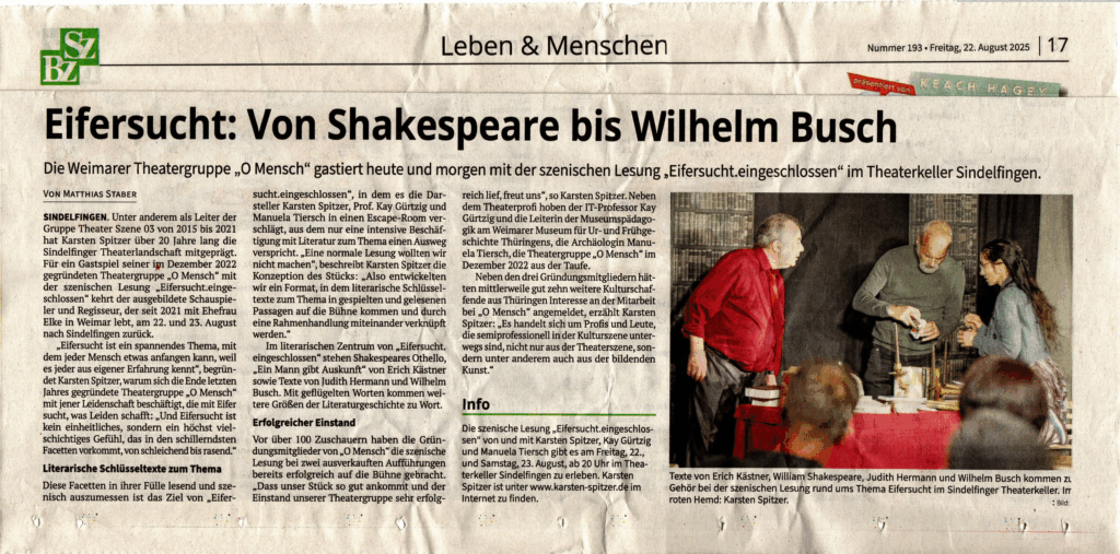 Im literarischen Zentrum von "Eifersucht eingeschlossen" stehen Shakespeares Othello, "Die Ballade vom Misstrauen" von Erich Kästner sowie Texte von Judith Herrmann und Wilhelm Busch. Mit geflügelten Worten kommen weitere Größen der Literaturgeschichte zu Wort.